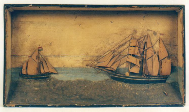 Panoramamodel van een barkentijn en kotter, 19e eeuw
