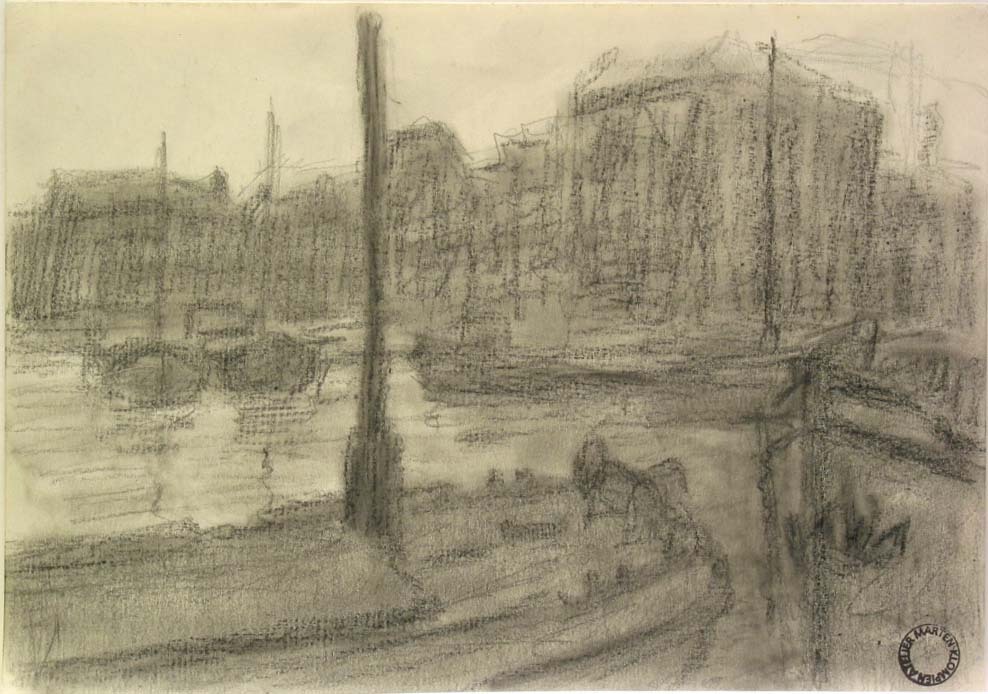 Tekening van de Westerhaven Groningen. potloodtekening, M. Klompien, 1959