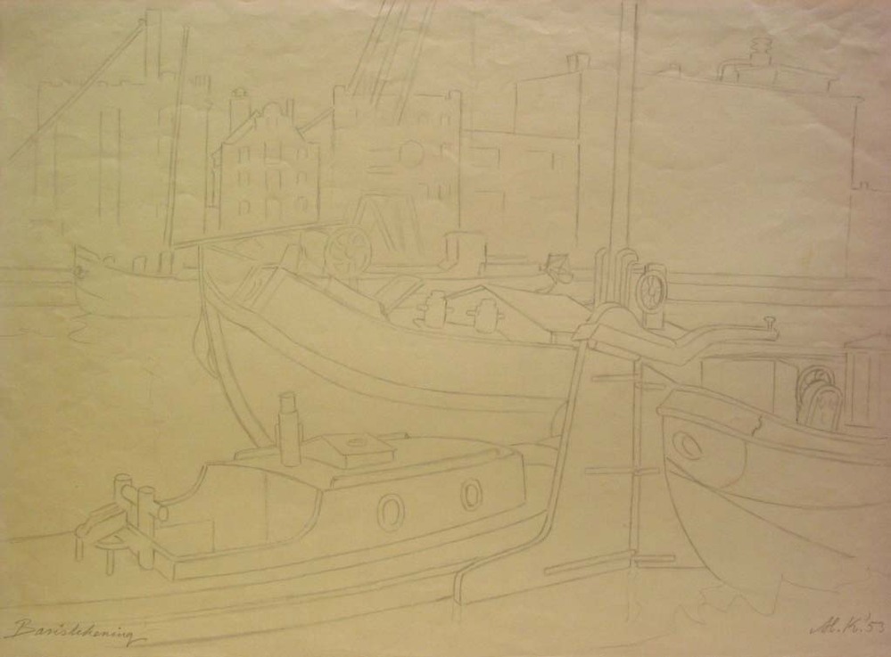 Schepen Oosterhaven Groningen, potloodtekening, M. Klompien, 1953