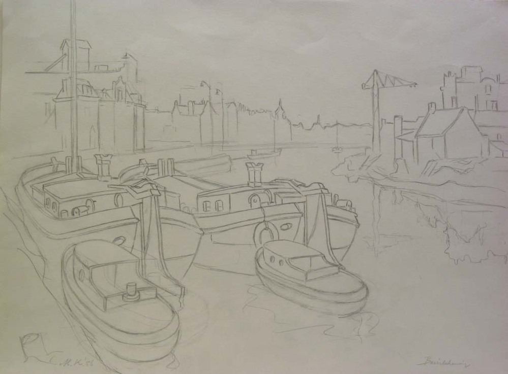 Schepen Hoendiep Groningen, potloodtekening, M. Klompien, 1956