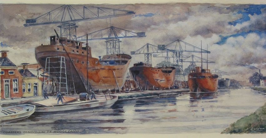 Coasters in aanbouw te Hoogezand, aquarel door N.J.B. Bulder