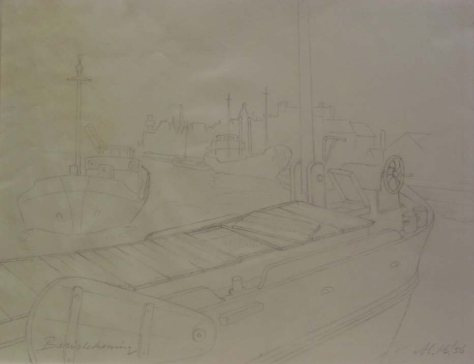 Oosterhaven Groningen, potloodtekening, M. Klompien, 1956