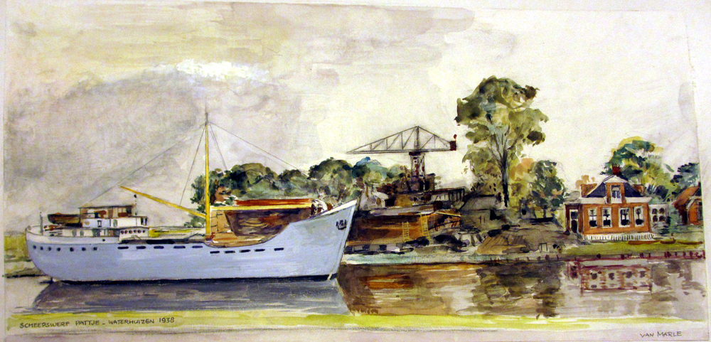 Kustvaarder bij scheepswerf Pattje-Waterhuizen, 1938. aquarel door W.B. van Marle