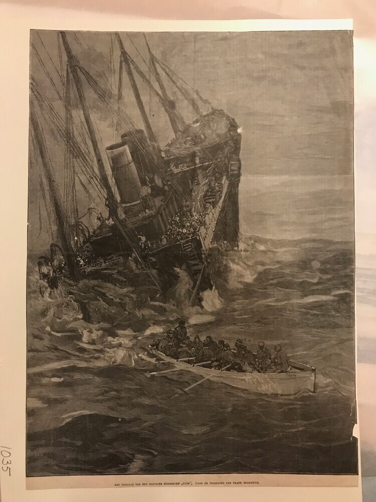 "Het vergaan van het Duitsche stoomschip 'Elbe'", lithografie naar tekening van Frank Bergwyn, ca. 1850-1900