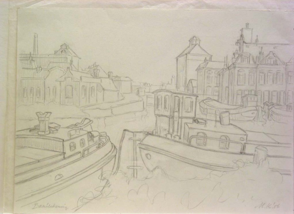 Omgeving Bontebrug, potloodtekening, M. Klompien, 1956