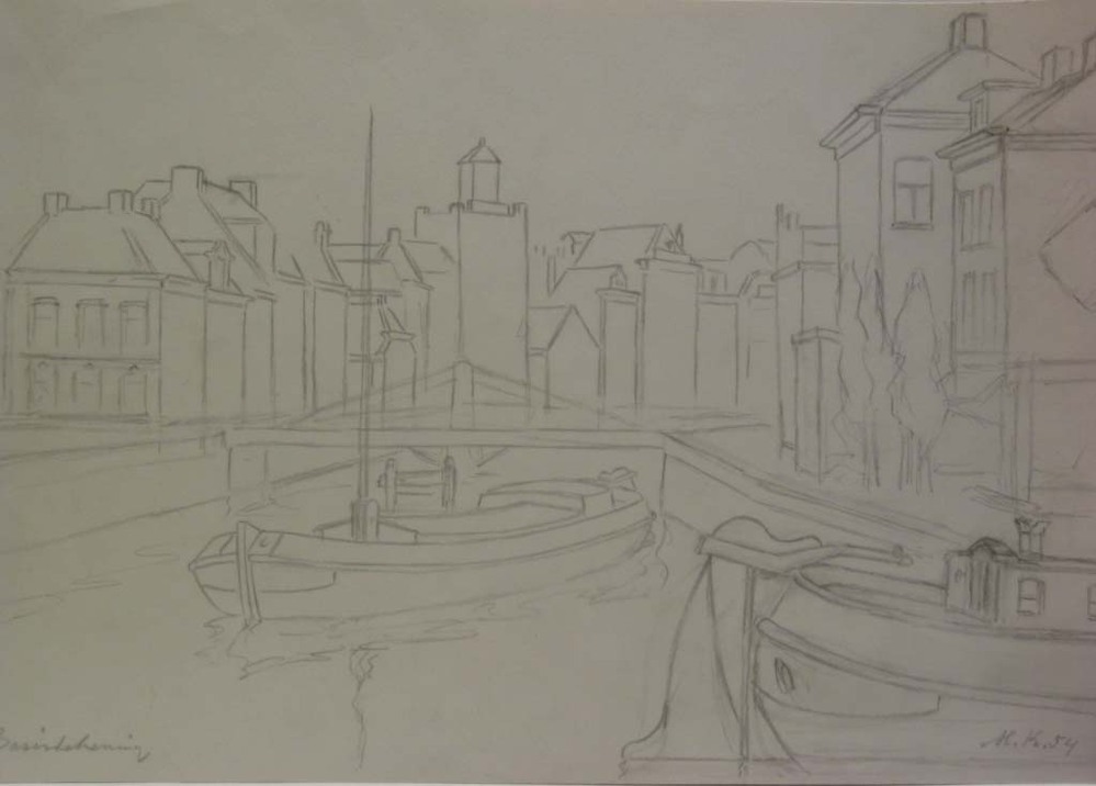 Westerhaven vanaf de Eeldersingel, Groningen, potloodtekening, M. Klompien, 1954