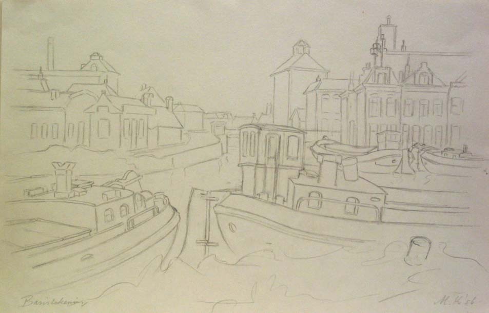 Omgeving Bontebrug Groningen, potloodtekening, M. Klompien, 1956