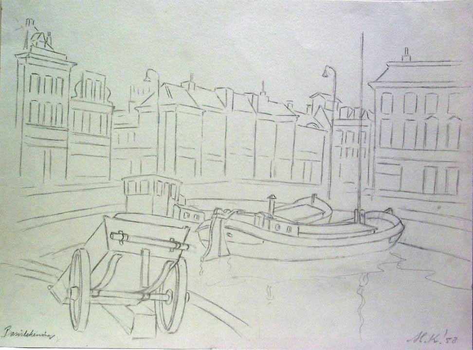 Binnenschepen, potloodtekening, M. Klompien, 1958