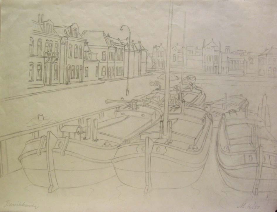 Steenhouwerskade - Westerhaven Groningen, potloodtekening, M. Klompien, 1955