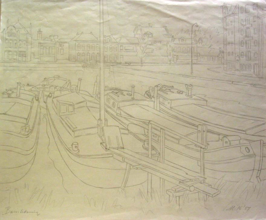 Schepen Westerhaven met Westerkade (vanaf de Sluiskade), potloodtekening, M. Klompien, 1957