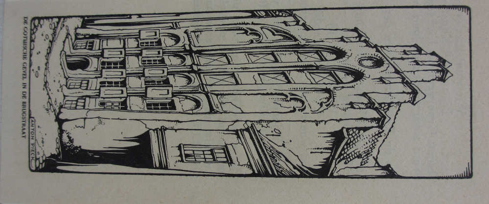 De Gothische gevel in de Brugstraat, drukwerk naar een tekening door Anton Pieck