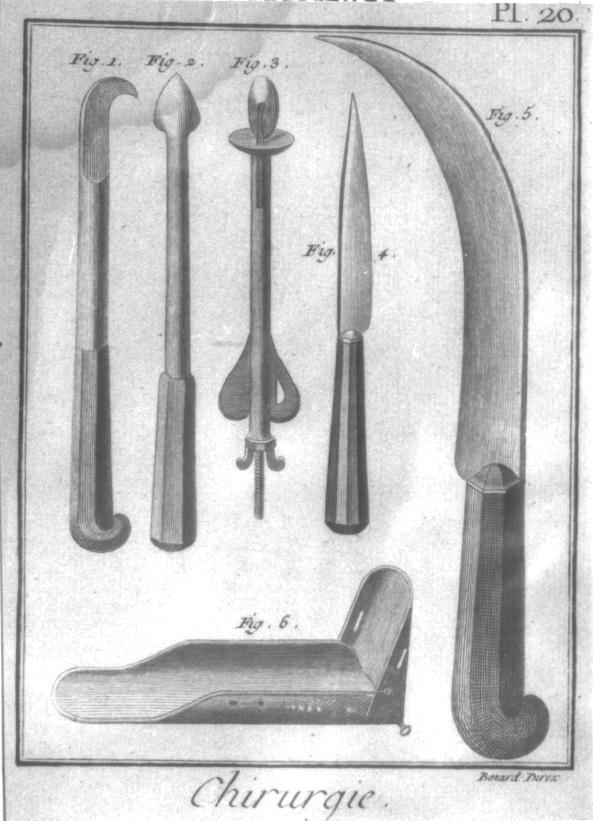 Chirurgie, Pl. 20, zes instrumenten van chirurgiegereedschap zoals dat aan boord werd gebruikt, gravure, 18e eeuw.