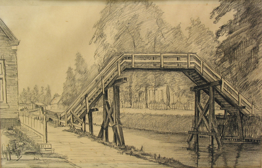 Hoogholtje over het Winschoterdiep in Hoogezand bij de Slochtersstraat, potloodtekening door J. v.d. Linde