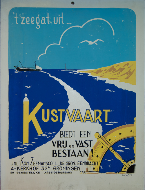 Reclameplaat t.b.v. werving personeel kustvaart, uitgegeven door het Koninklijk Zeemanscollege De Groninger Eendracht, jaren '60 met opschrift: "'t Zeegat uit. Kustvaart biedt een vrij en vast bestaan".