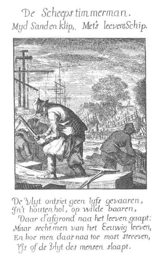 "De Scheepstimmerman", kopergravure door J. Luyken, 1694