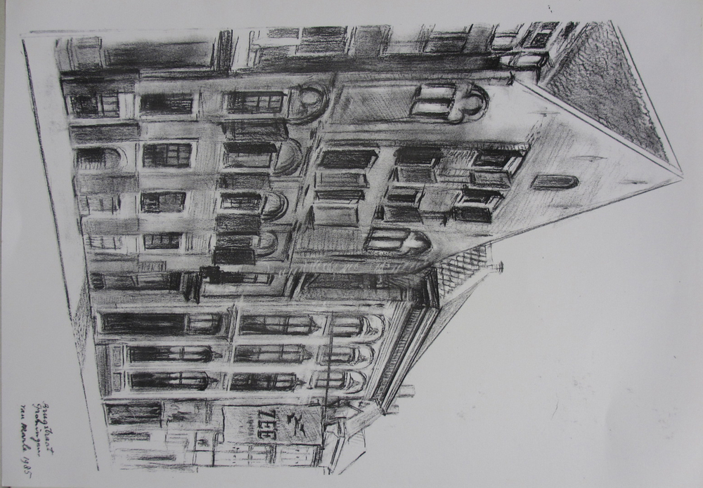 Fotokopie van een tekening van het Gotisch Huis en het Canterhuis in de Brugstraat te Groningen, kopie naar een tekening door W.B. van Marle uit 1985