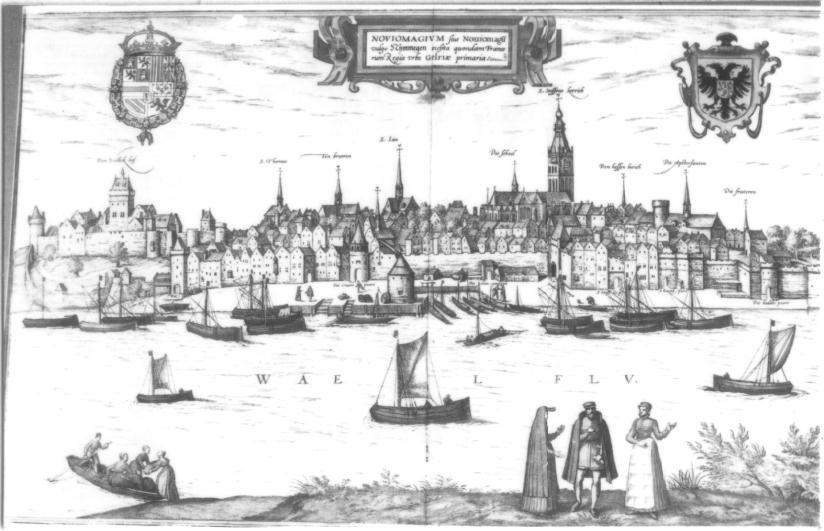 Vogelvluchtkaart met stadsaangezicht van Nijmegen door G. Braun en F. Hogenberg, 1572.
