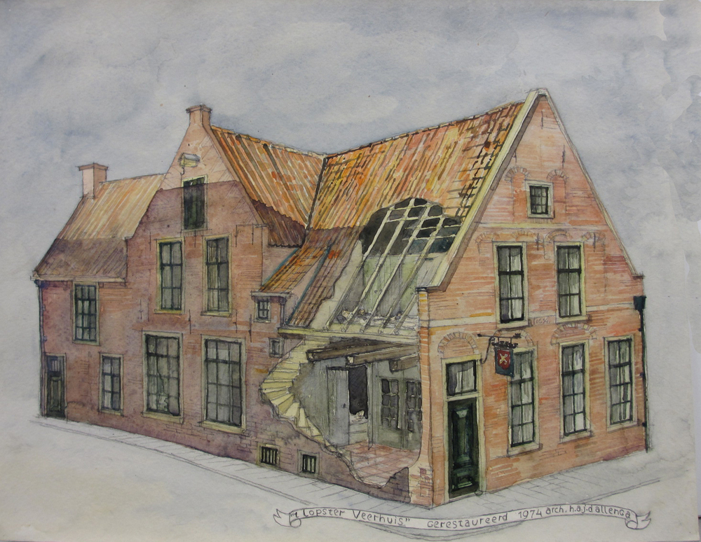Afbeelding van het opengewerkt Lopster Veerhuis, aquarel door H.A.J. Dallenga, 1974