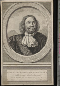 Egbert Meeuwszoon Kortenaer, Luitenant-Admiraal van Holland en Westvriesland, gravure door J. Houbraken (fecit) naar een tekening door Bartolomeus van der Helst (pinxit), circa 1730