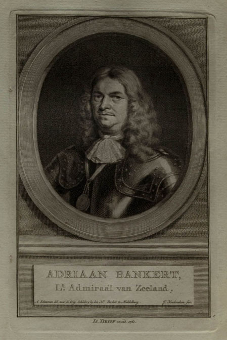 Adriaan Bankert, Lt. Admiraal van Zeeland, ets door J. Houbraken, naar tekening van A. Schouman gebaseerd op het schilderij van een onbekende kunstenaar, circa 1760