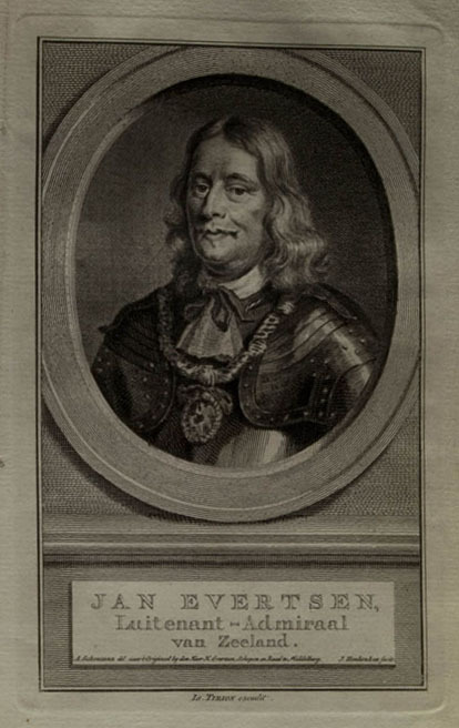 Jan Evertsen, Luitenant-Admiraal van Zeeland, ets door J. Houbraken naar A. Schouman, ca. 1749-1760