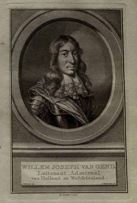 Willem Joseph van Gend, Luitenant Admiraal van Holland en Westfriesland, ets door J. Houbraken naar tekening van A. Schouman