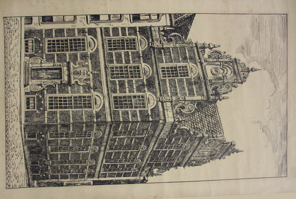 Gedrukte afbeelding naar een pentekening van het Goudkantoor, ca. 1950-1989