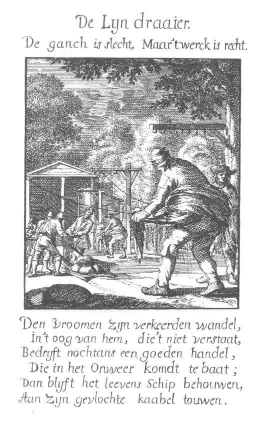 "De Lijndraaier", kopergravure door J. Luyken, 1694