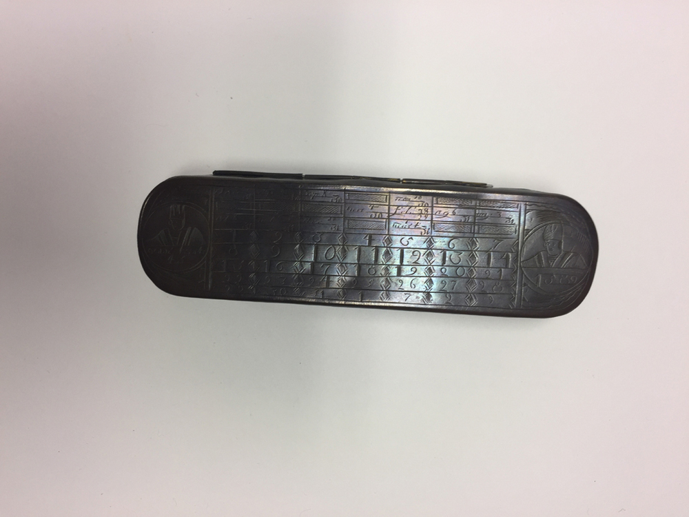 Holm tabaksdoos, geelkoper. Tabaksdoos van Pieter Holm, Amsterdam, 18e eeuw. Op de voorzijde een eeuwigdurende kalender en afbeeldingen van Julius Caesar en Paus Gregorius en op de achterzijde een zeemeter en een afbeelding van Amerigo Vespucci.