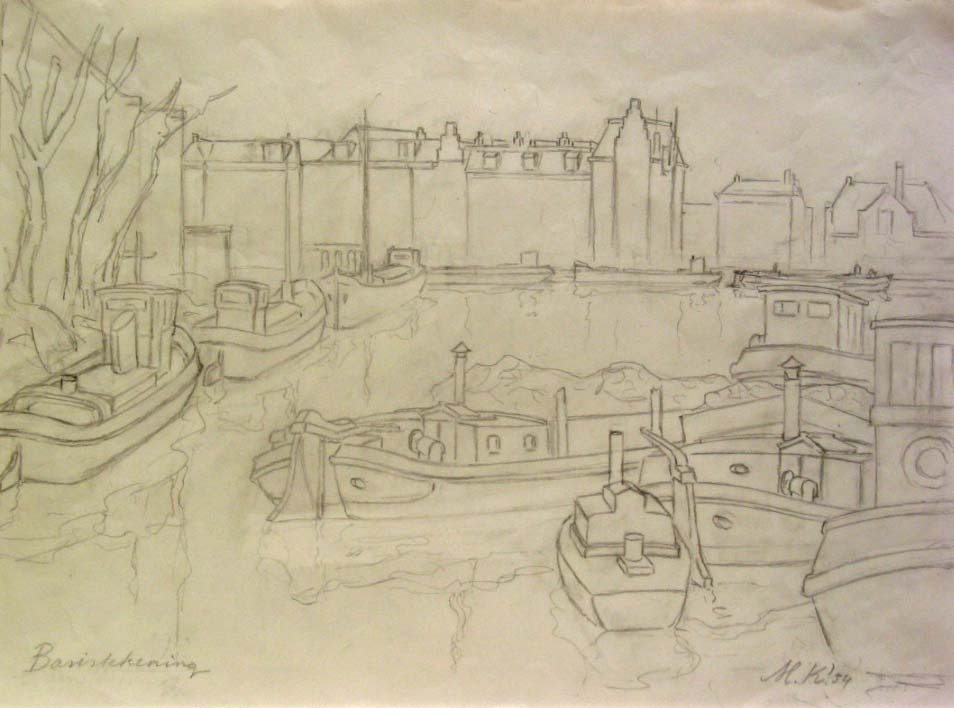 Schepen met suikerbieten omg. Emmasingel Gron., potloodtekening, M. Klompien, 1954