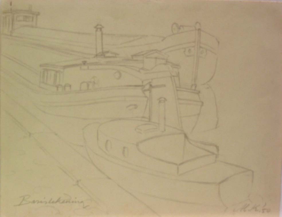 Twee schepen met opduwer, potloodtekening, M. Klompien, 1950