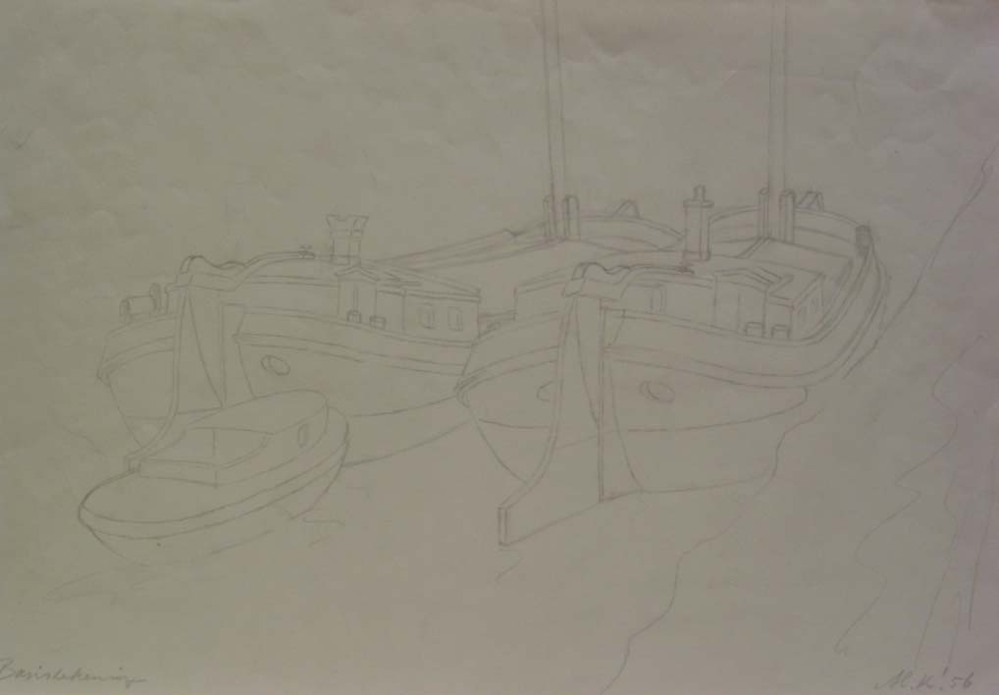 Twee schepen met opduwer, potloodtekening, M. Klompien, 1956