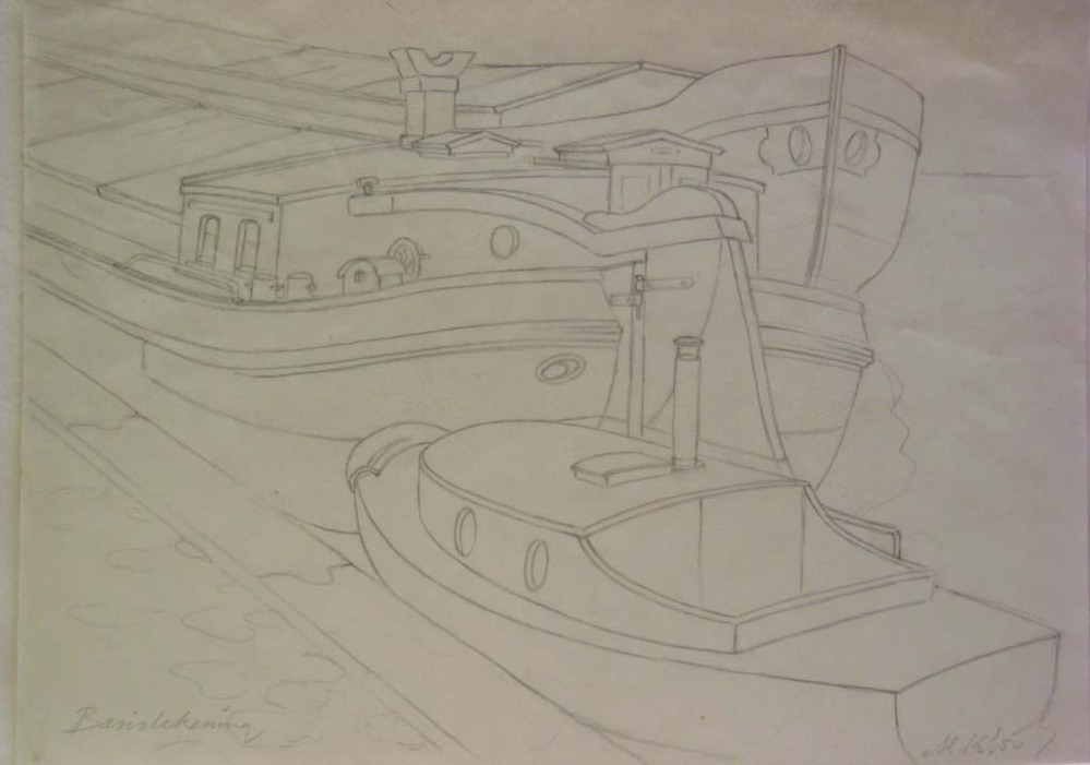 Twee schepen met opduwer, potloodtekening, M. Klompien, 1950