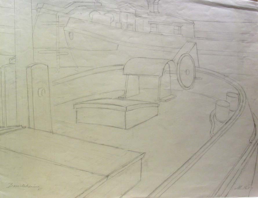 Compositie schepen, potloodtekening, M. Klompien, 1957