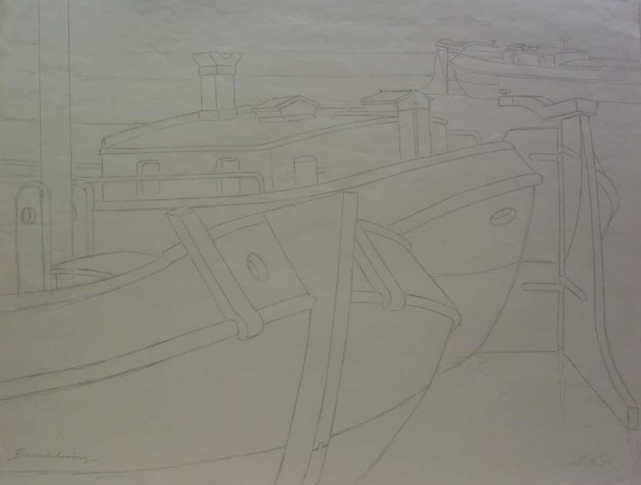Compositie schepen, potloodtekening, M. Klompien, 1976