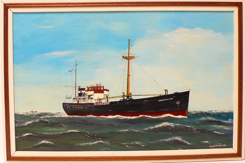 Scheepsportret van MS 'Gaasterland' in lijst, vervaardiger H.A. Wijtsma, 1981.