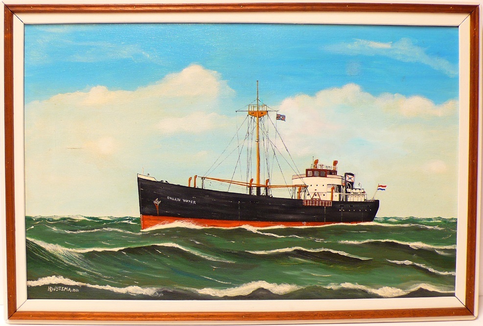 Scheepsportret van Ms 'Zwarte Water' in lijst, vervaardiger H.A. Wijtsma, 1981.