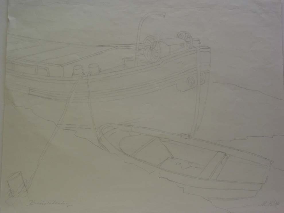 Compositie Schip met roeiboot, potloodtekening, M. Klompien, 1980