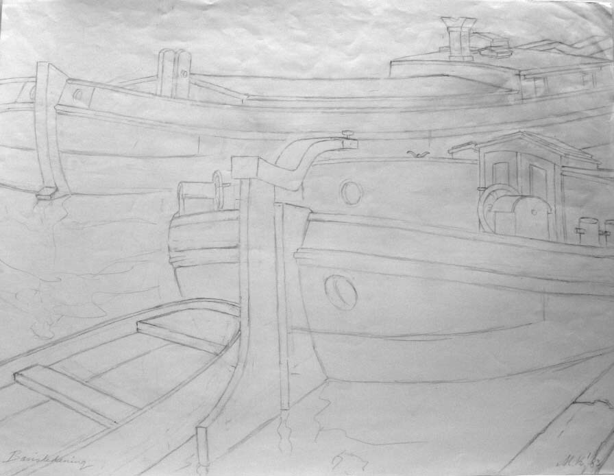 Compositie twee schepen met roeiboot, potloodtekening, M. Klompien, 1983