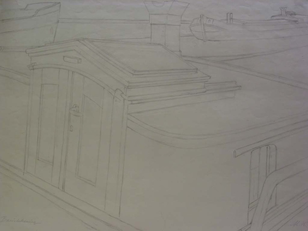 Compositie scheepsroef met schepen, potloodtekening, M. Klompien, 1983