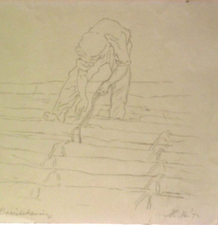 Zinkstukkenvlechter, potloodtekening, M. Klompien, 1972