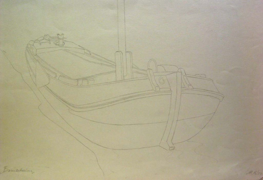 Binnenvaartschip, potloodtekening, M. Klompien, 1953