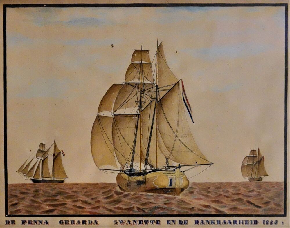 De schoenerbrik Zwanette, de kof Fenna Gerarda en de kof Dankbaarheid, pen en aqueareltekening, anoniem,1855
