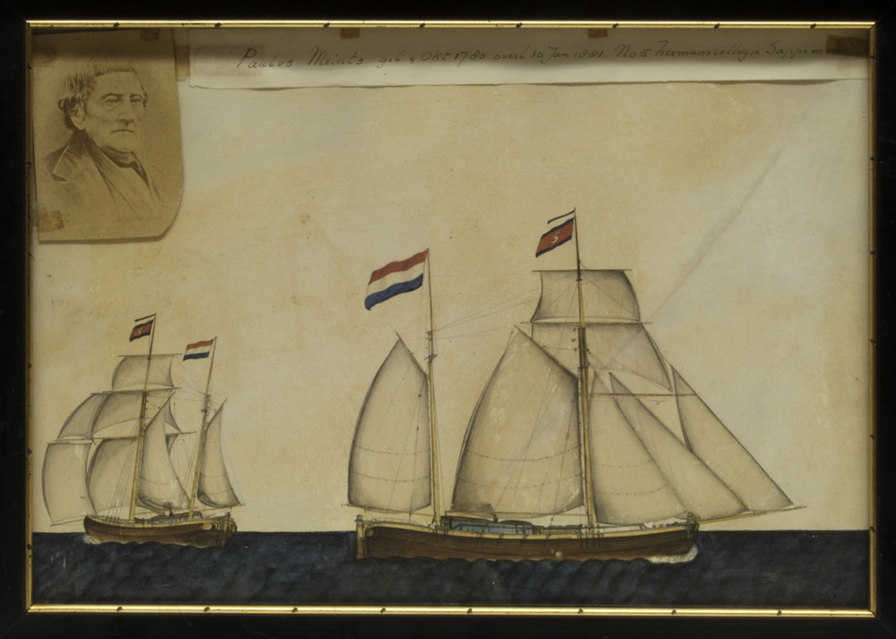 Kofschip 'Diwerdina' van kapitein Paulus Meints, Sappemeer.  Geaquarelleerde potloodtekening met ingezette foto van P. Meints (1780-1881), ca 1880.