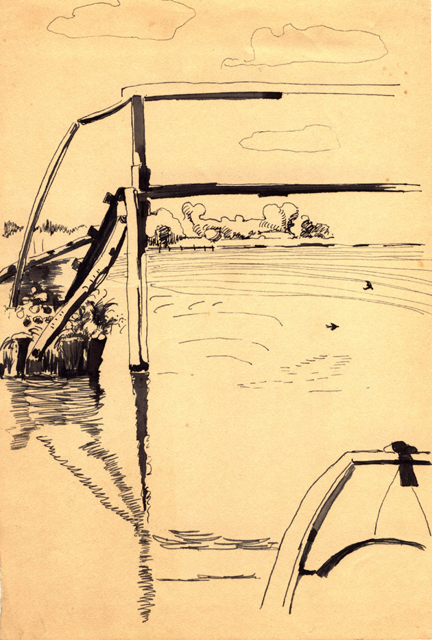 Bruggetje, pen- en penseeltekening door Alida Jantina Pott, periode 1920-1931.