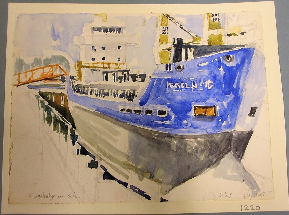 Nordland in dok, aquarel door A. Vos, 2005
