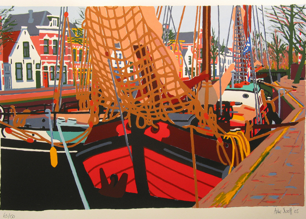 Gezicht op Lage der Aa in Groningen, richting Vissersbrug, zeefdruk door Anke Slooff, 2005