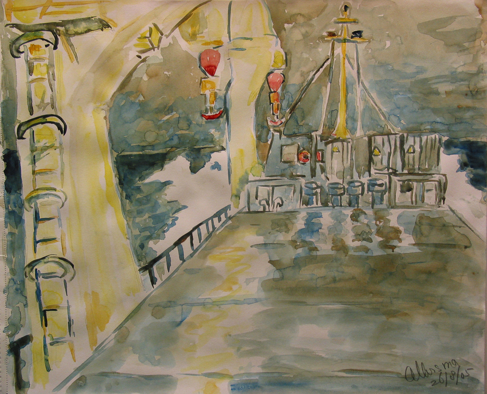 Zicht op varende Wisaforest met containers, aquarel door N. Allersma, 26 augustus 2005.