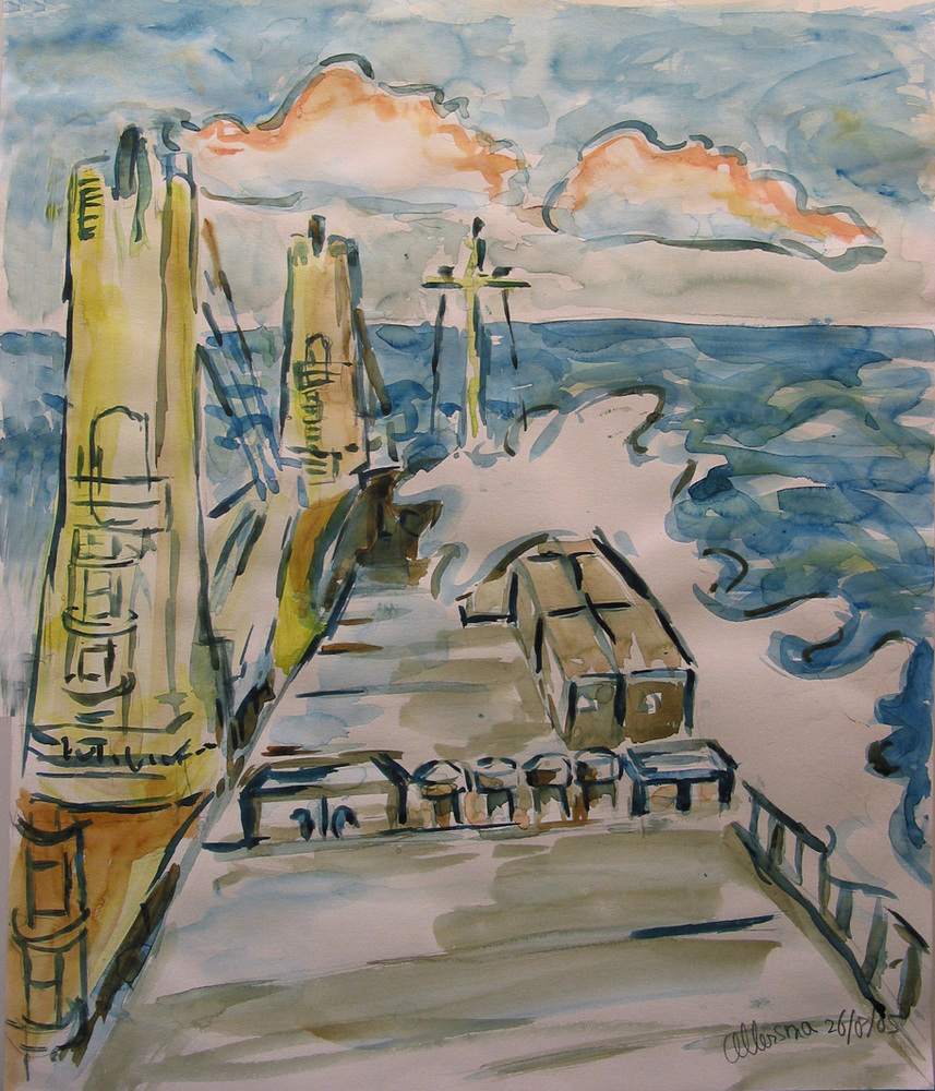 Zicht op varende Wisaforest met overslaande golf, aquarel door N. Allersma, 26 augustus 2005