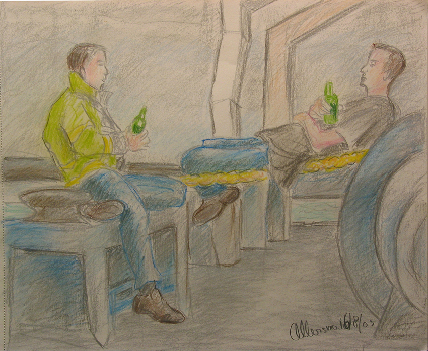 Drinking a bottle of beer. Contétekening, N. Allersma, 16 augustus 2005.